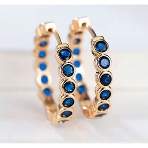18k Gold Hoop over Stainless Steel Royal Blue Simulated Sapphire Earrings 1 inch